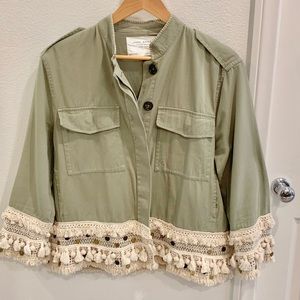Zara green button up cotton jacket with fringe dtl